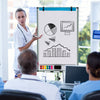 Height-adjustable mobile whiteboard with round stand, showcasing charts for office presentations and teaching.