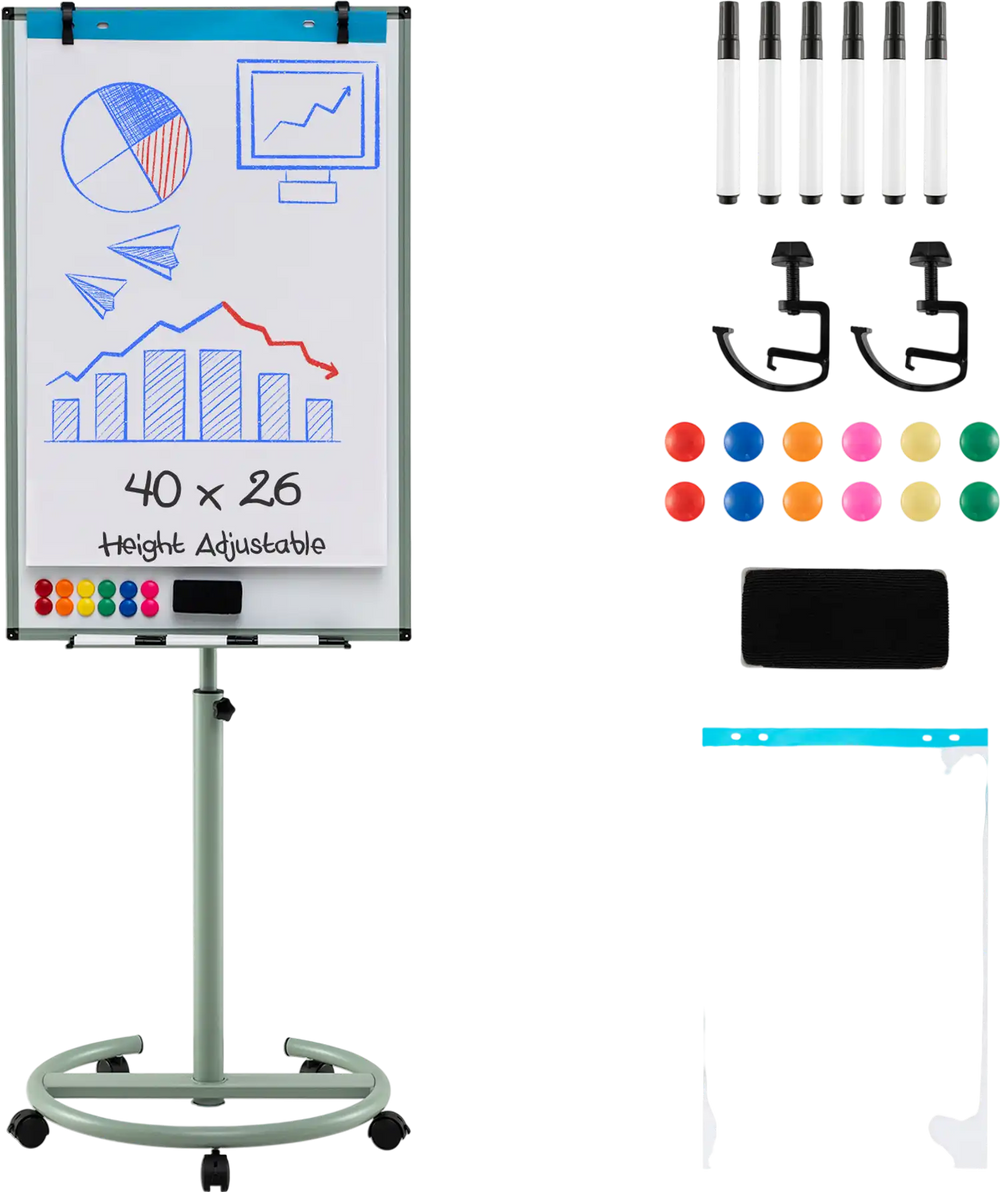 Height-adjustable mobile whiteboard with round stand, 40x26 inches, includes markers and accessories for versatile use.
