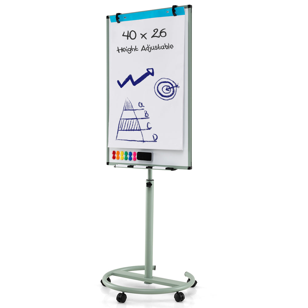 Height-adjustable mobile whiteboard with round stand, 40x26 inches, ideal for presentations and teaching activities.