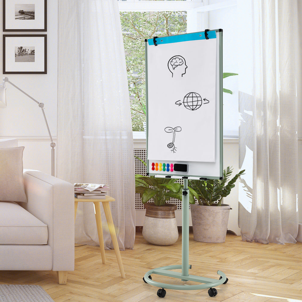 Height-adjustable mobile whiteboard with round stand, 40x26 inches, ideal for teaching and presentations in green.