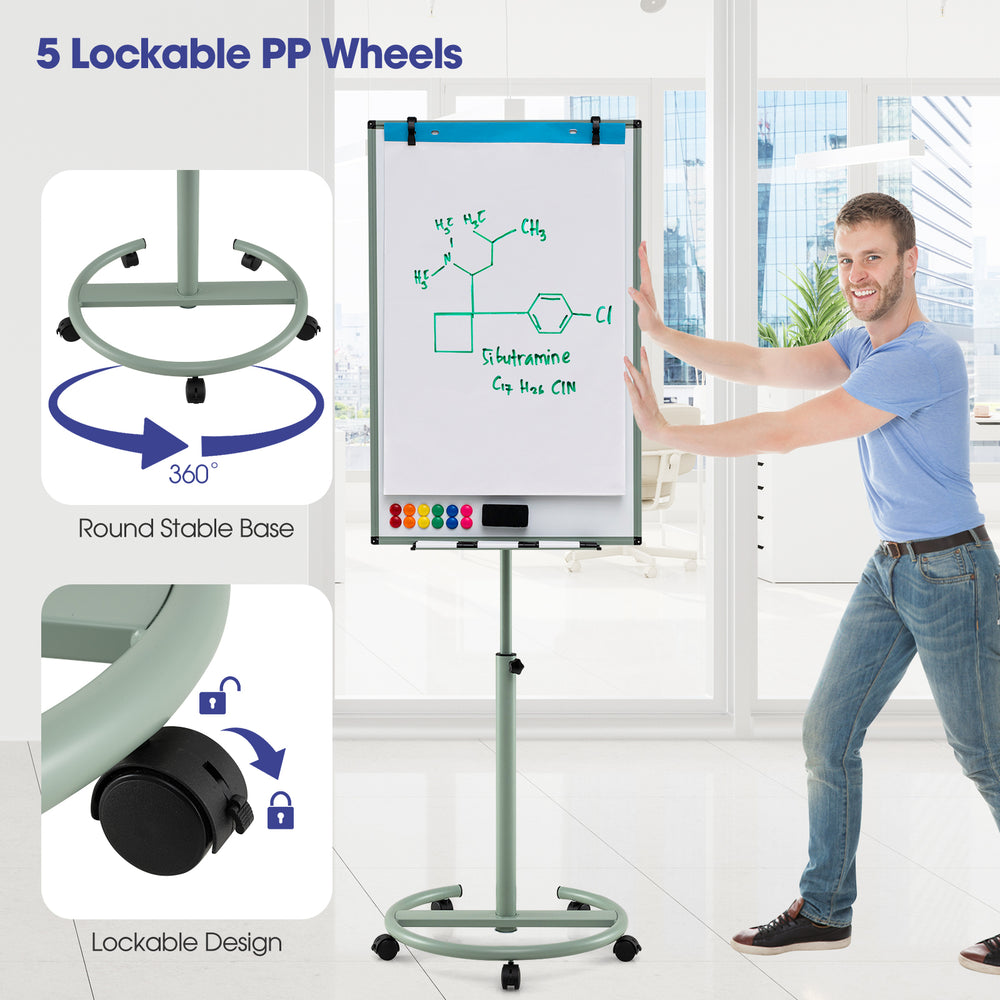 Height-adjustable mobile whiteboard with round stand and lockable wheels, perfect for presentations and teaching.