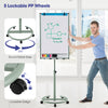 Height-adjustable mobile whiteboard with round stand and lockable wheels, perfect for presentations and teaching.