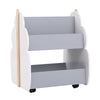 Kids wooden bookshelf with universal wheels in gray, featuring a cute tree shape and double-sided storage for easy.