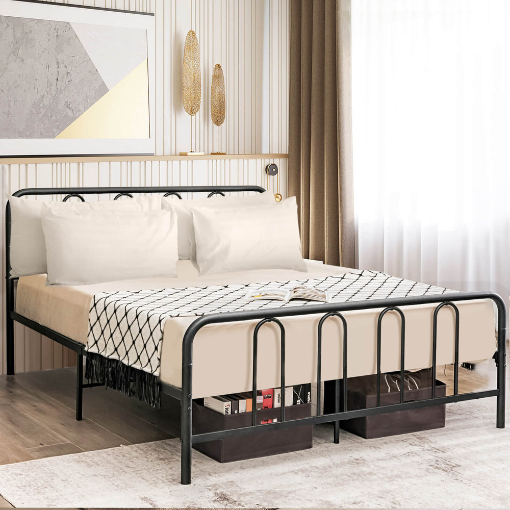 Full/Queen size metal bed frame showcasing the elegant headboard and footboard, perfect for stylish dormitory or.