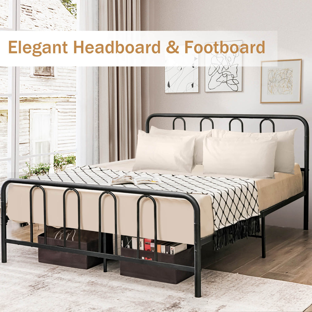Full/Queen size metal bed frame with elegant headboard and footboard, featuring rustproof finish and under-bed storage.