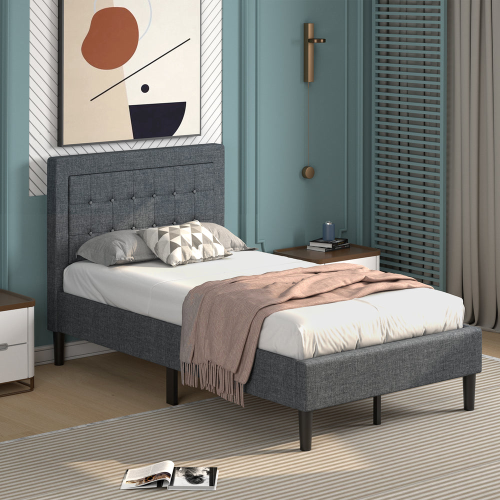 Twin size upholstered bed frame with button tufted headboard, featuring a modern design and breathable fabric for.