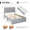 Full size upholstered bed frame with adjustable headboard and large pull-out drawer for convenient storage.