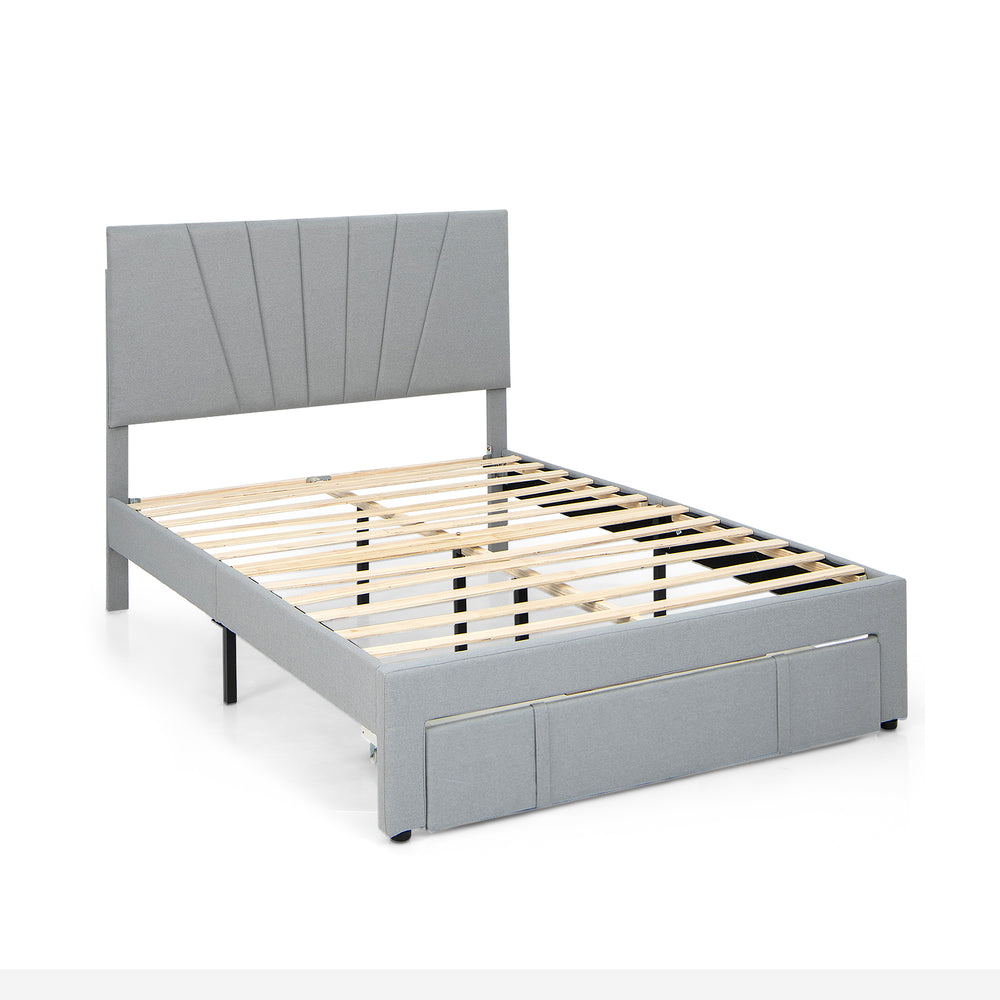 Upholstered full/queen bed frame with adjustable headboard and drawer, featuring solid wooden slats for support.