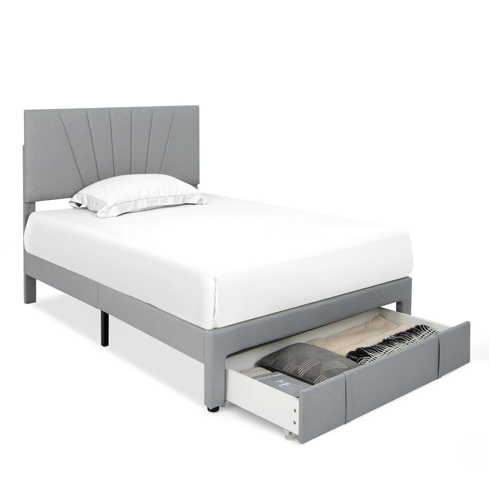 Upholstered full/queen size bed frame in gray with adjustable headboard and pull-out storage drawer for modern bedrooms.