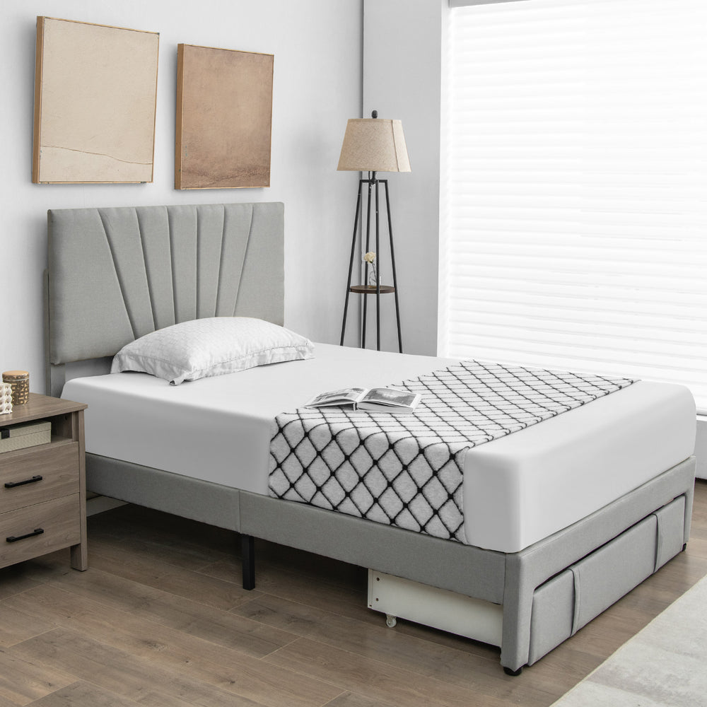 Full/queen size upholstered bed frame with solid wooden slats and extra metal legs for enhanced support and stability.
