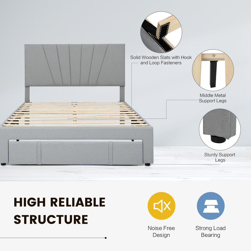 Upholstered full/queen bed frame with adjustable headboard, solid wooden slats, and convenient pull-out drawer for.