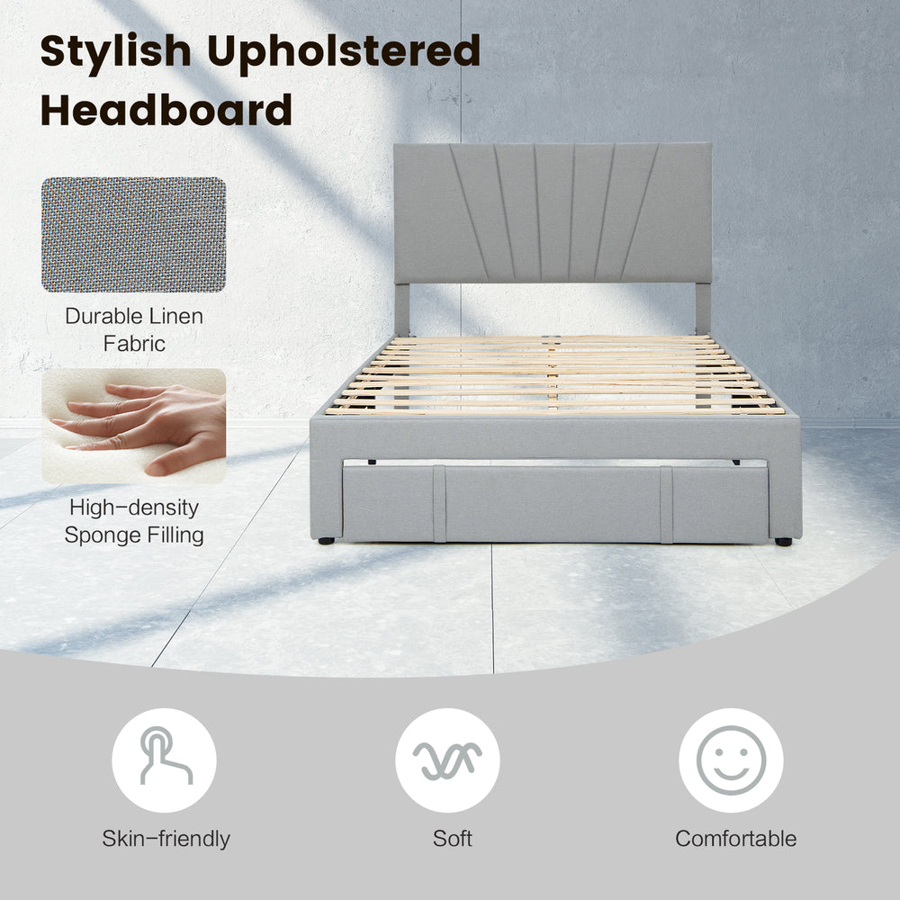Full/Queen size upholstered bed frame with adjustable linen headboard and large pull-out drawer for convenient storage.