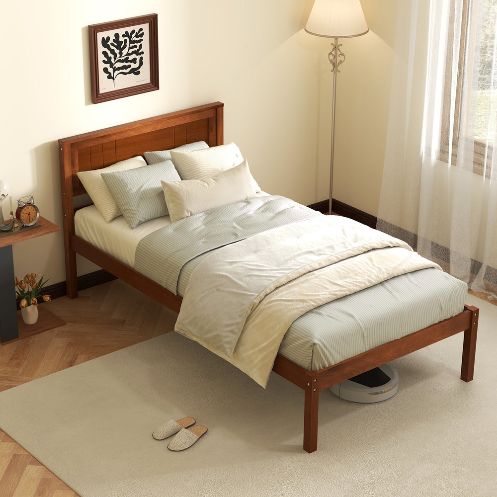 Twin size bed frame with wooden headboard and slat support, featuring a classic finish and 12" under bed storage space.