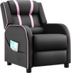 Kids recliner chair in black and pink with adjustable backrest, footrest, and side pockets for storage. Ideal for.