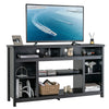 Black 58-inch TV stand with adjustable shelves, open compartments, and sturdy design for modern entertainment setups.