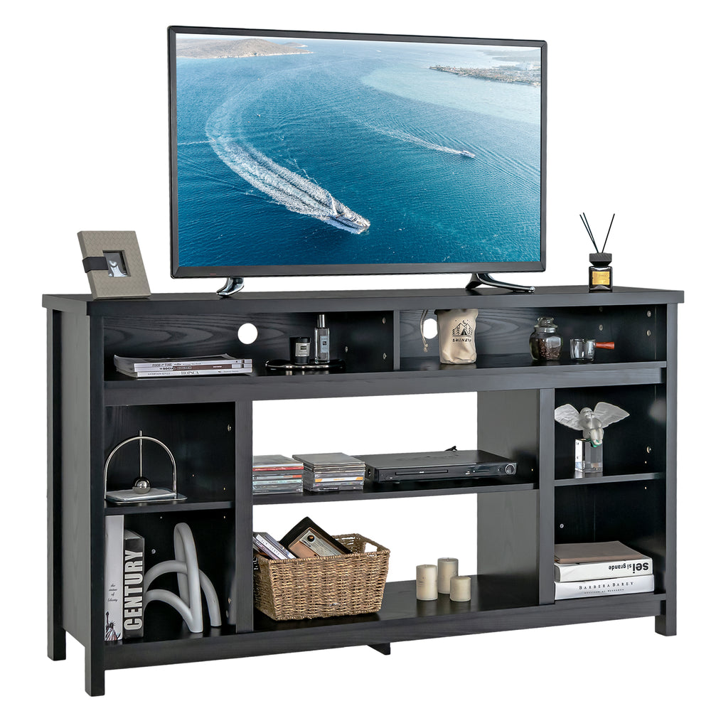 Black 58-inch TV stand with adjustable shelves, open compartments, and sturdy design for modern entertainment setups.