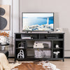 Black 58-inch TV stand with adjustable open shelves, designed for TVs up to 65 inches, ideal for modern living spaces.