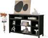 Black 58-inch TV stand with adjustable open shelves, perfect for organizing media and enhancing modern home decor.