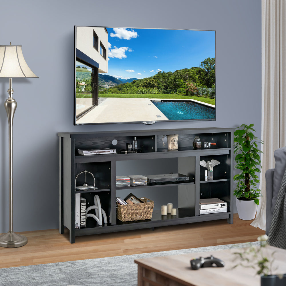 58-inch black TV stand with adjustable open shelves, designed for flat screen TVs up to 65", perfect for modern living.