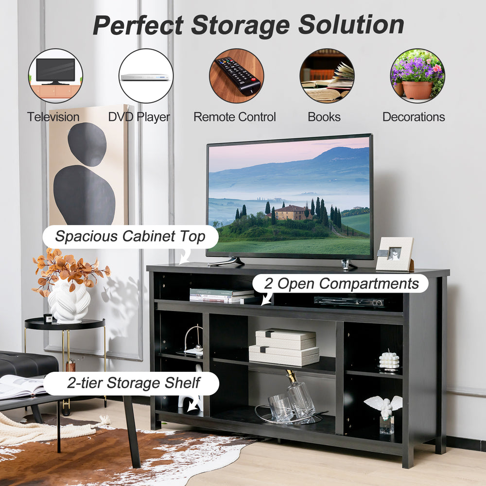 58-inch black TV stand with adjustable open shelves, spacious cabinet top, and modern design for organized.