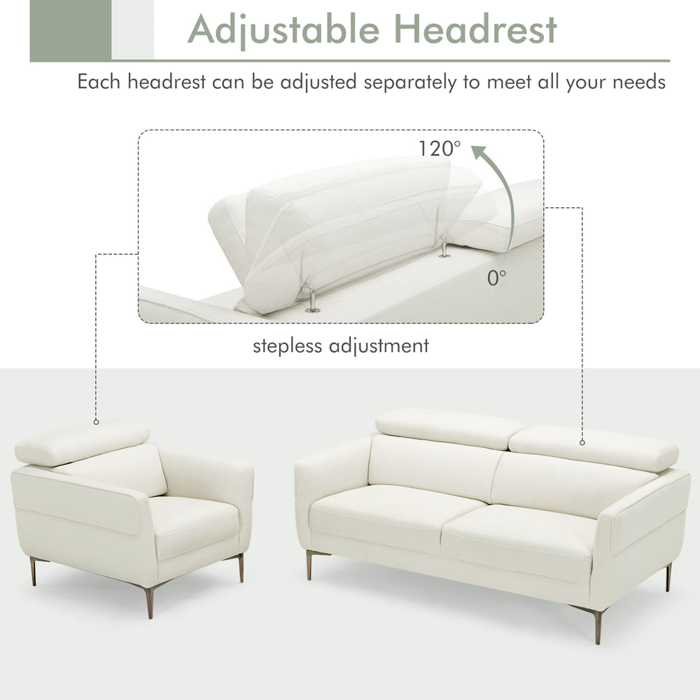 Adjustable headrests on a modern white sofa set provide flexible support for comfort in small living spaces.