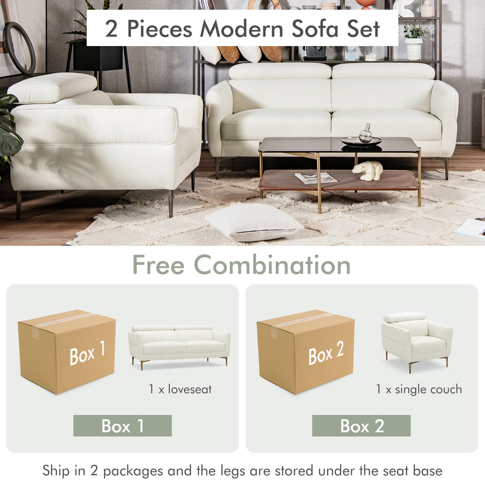 Modern sofa set featuring a white loveseat and single couch with adjustable headrests, ideal for small spaces.