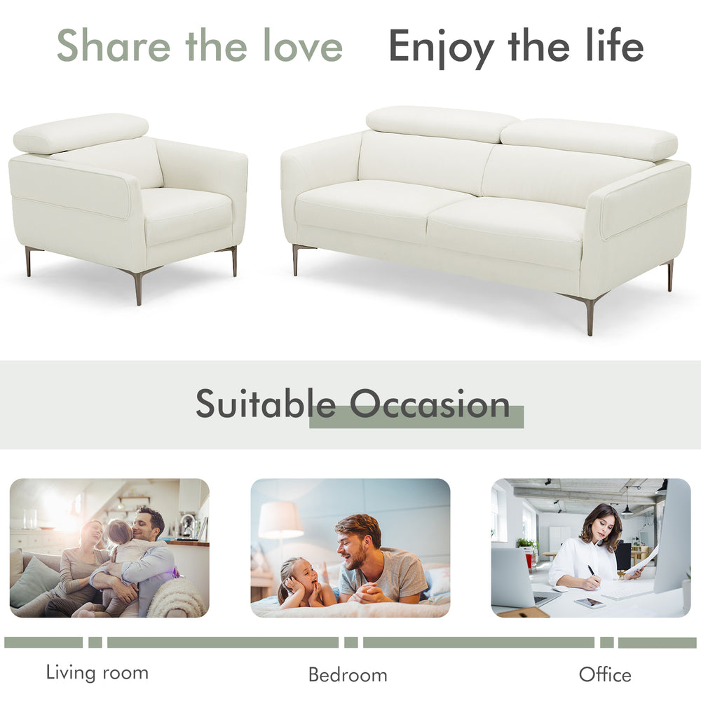 Modern white sofa set with adjustable headrests, perfect for small rooms and stylish living spaces.