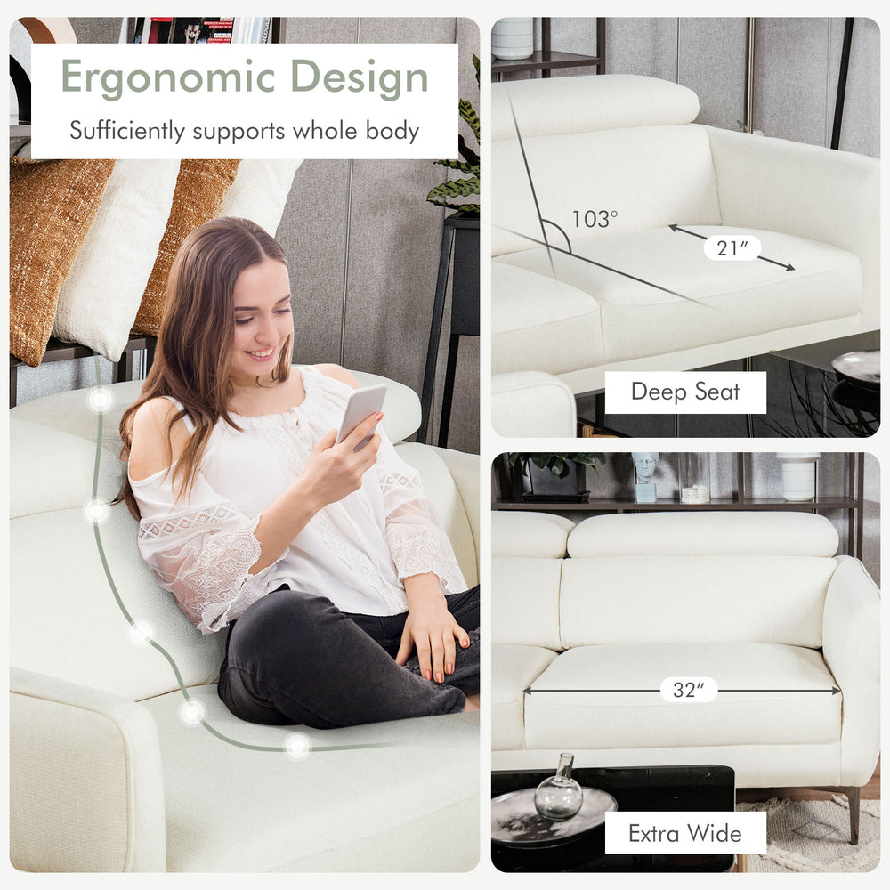 Modern white sofa set featuring adjustable headrests, deep seat, and extra-wide design for comfortable seating.