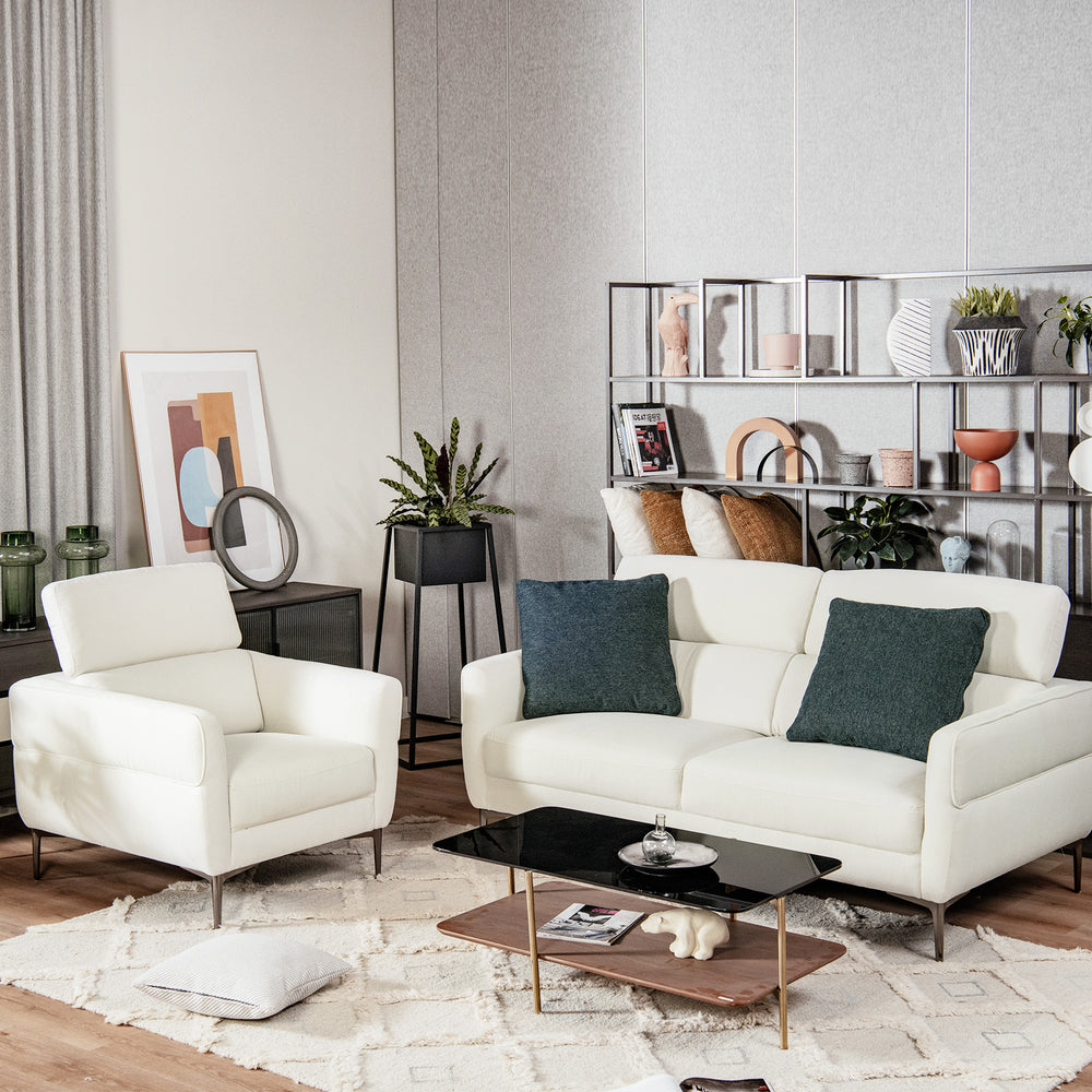 Modern white sofa set featuring an adjustable headrest and soft fabric, perfect for small living spaces.