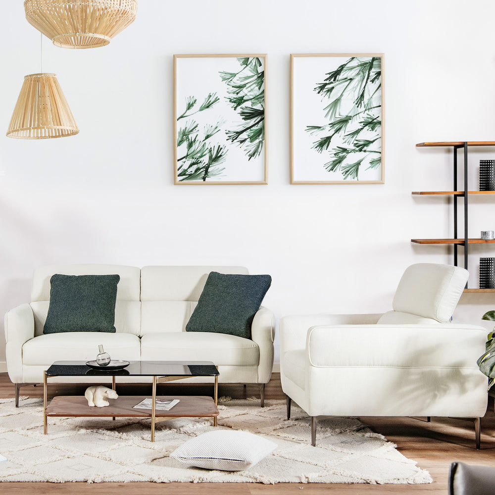 Modern white sofa set with adjustable headrests and soft fabric, ideal for compact living spaces and stylish decor.