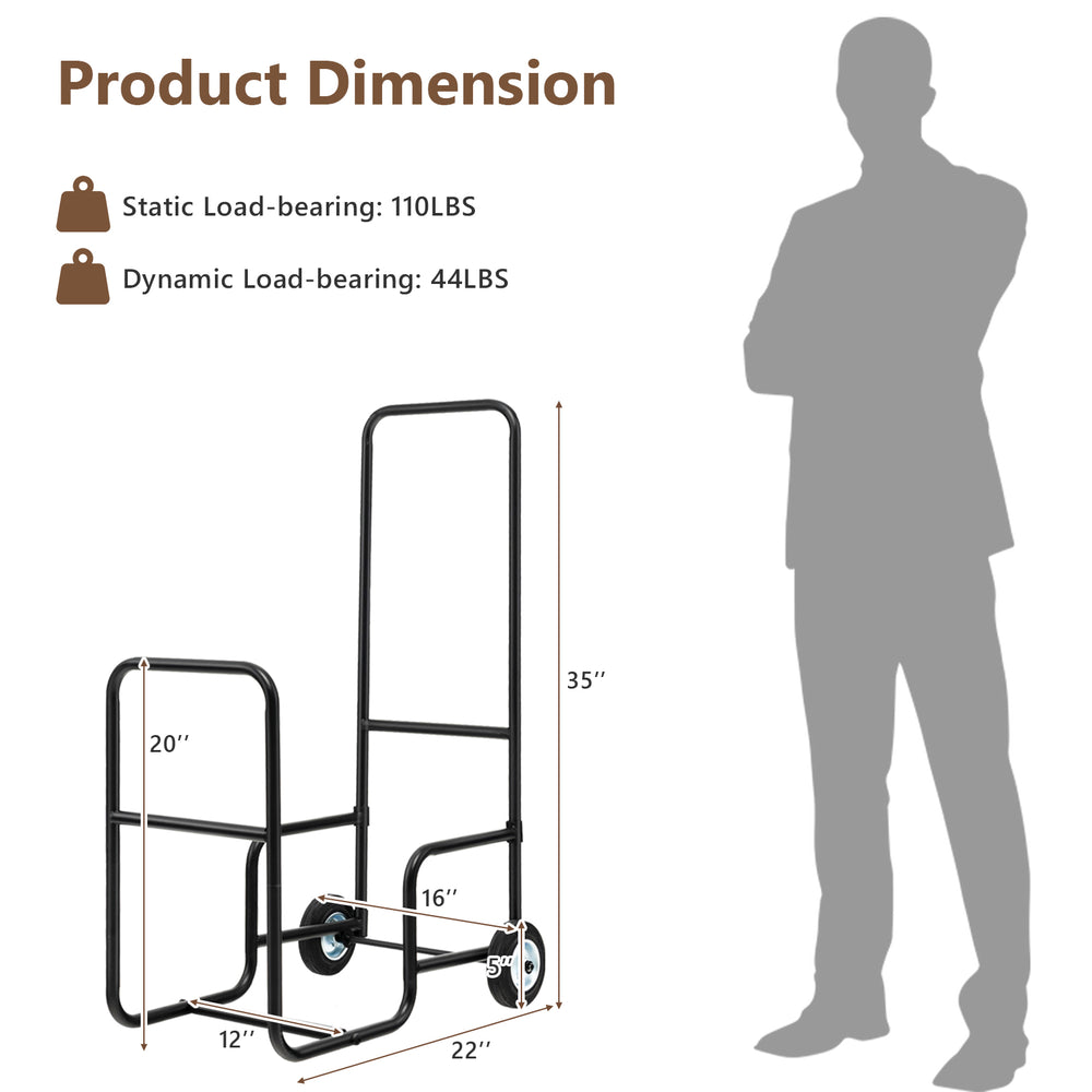 Firewood log cart carrier with sturdy steel frame, anti-slip wheels, and dimensions for easy log transport indoors and.