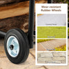 Close-up of wear-resistant rubber wheels on a firewood log cart carrier, suitable for various surfaces like cement and.