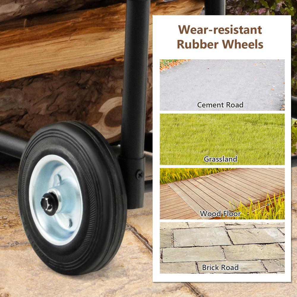 Close-up of wear-resistant rubber wheels on a firewood log cart carrier, suitable for various surfaces like cement and.