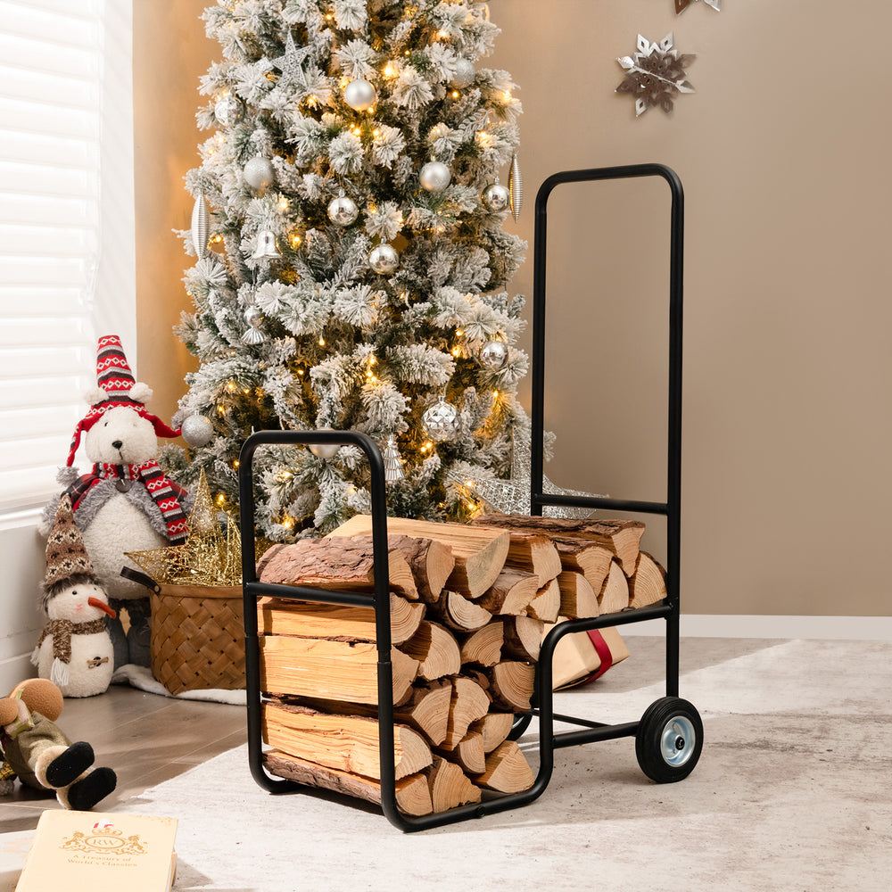 Firewood log cart carrier with sturdy steel frame and wear-resistant wheels, ideal for indoor and outdoor log transport.