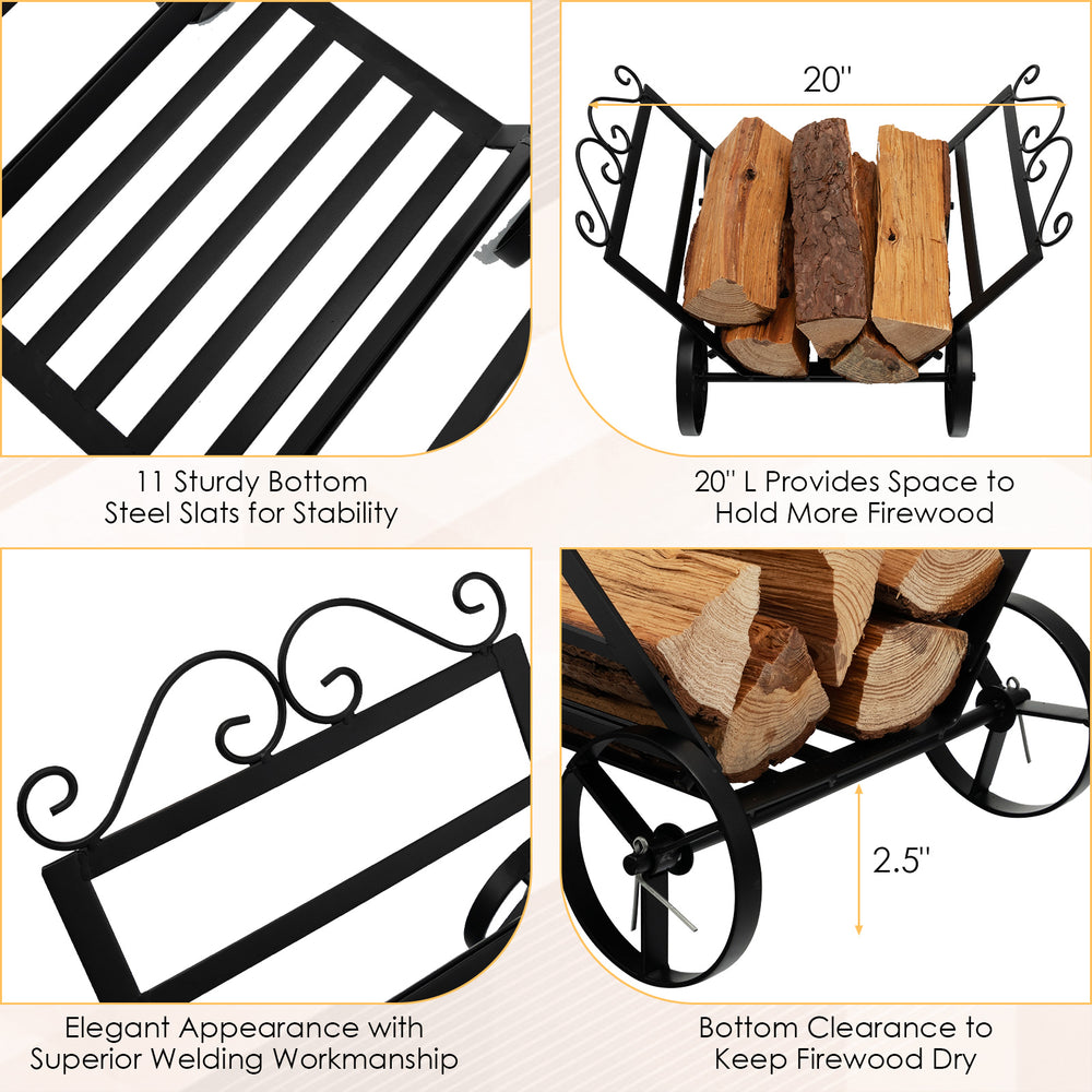 Compact firewood rack with wheels, rustproof steel, 20" storage space, 2.5" raised base for air circulation.