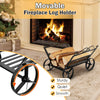 Movable firewood rack with wheels, sturdy rustproof steel design, perfect for indoor and outdoor fireplace use.
