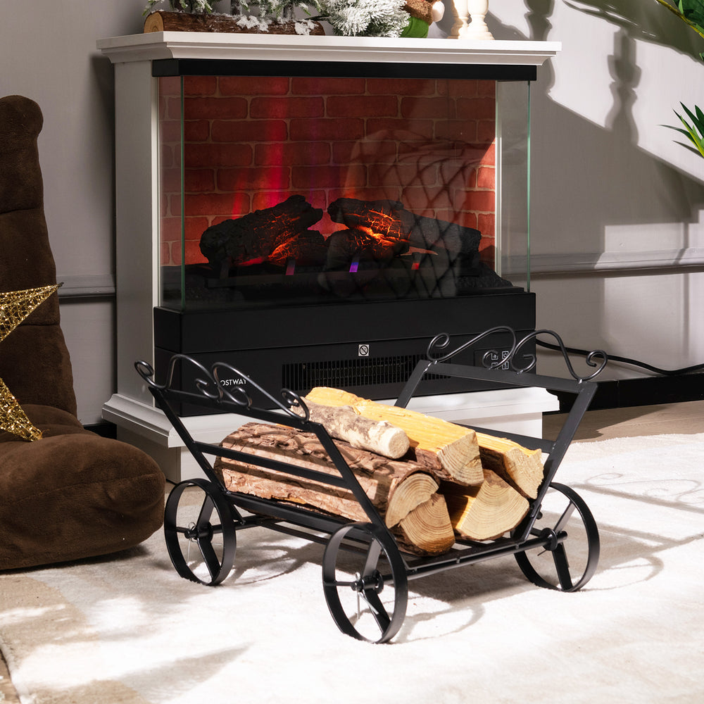 Decorative rustproof steel firewood rack with wheels, featuring a compact design for indoor and outdoor use.