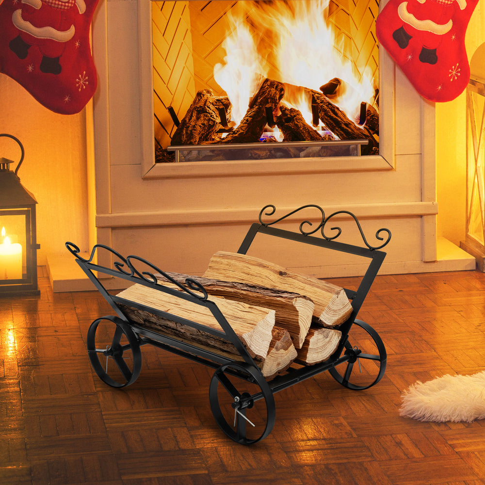 Decorative rustproof steel firewood rack with wheels, featuring a compact design for elegant indoor or outdoor storage.