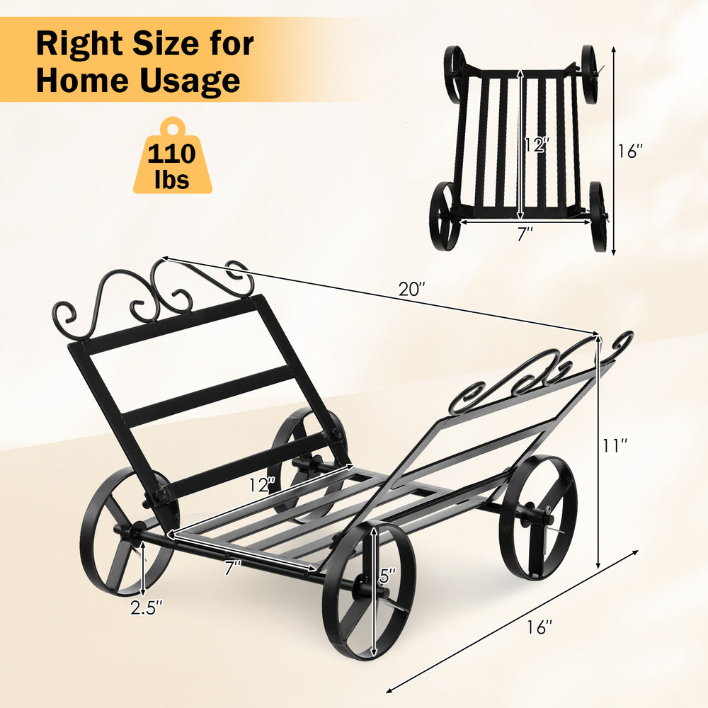 Compact firewood rack with wheels, rustproof steel, 110 lbs capacity, ideal for indoor and outdoor use.