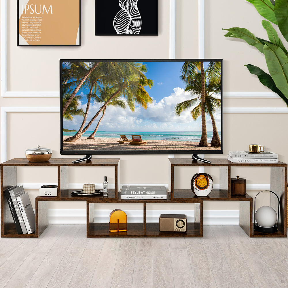Brown 3-piece console TV stand with spacious tabletop and open shelves, perfect for TVs up to 65 inches in any living.