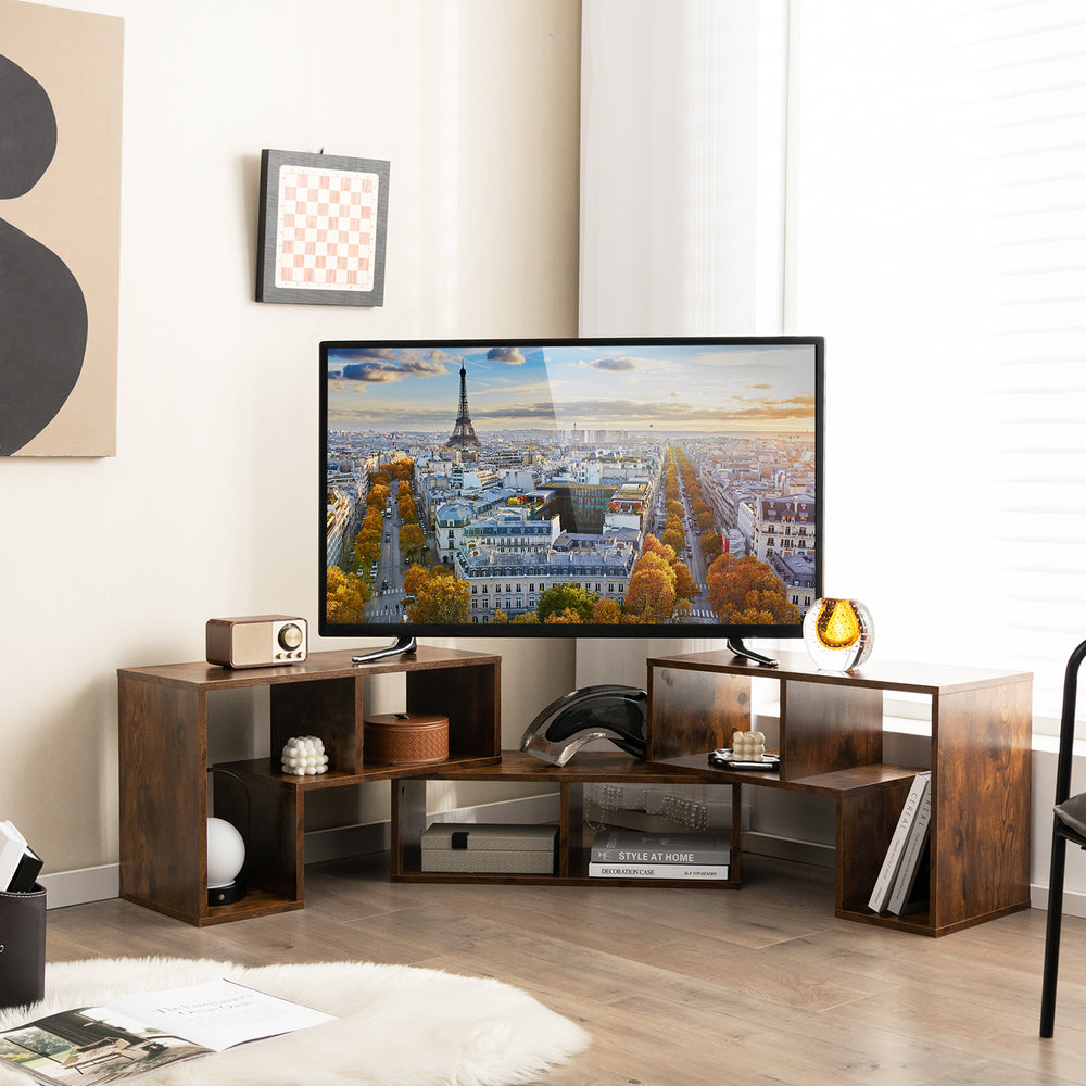 Brown console TV stand featuring a spacious top and 6 open compartments, perfect for organizing living room essentials.
