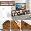 L-shaped and rectangular shelves of the 3-piece console TV stand in brown, designed for TVs up to 65 inches, ideal for.