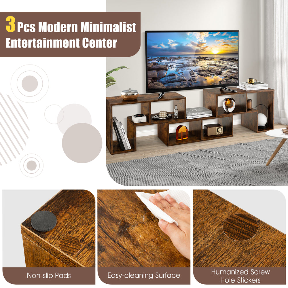 L-shaped and rectangular shelves of the 3-piece console TV stand in brown, designed for TVs up to 65 inches, ideal for.