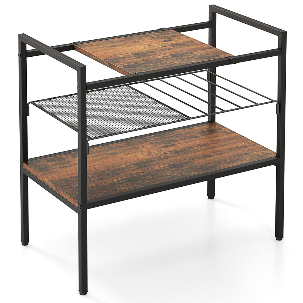 Industrial entryway table featuring a removable panel, mesh shelf, and durable powder-coated metal frame for versatile.