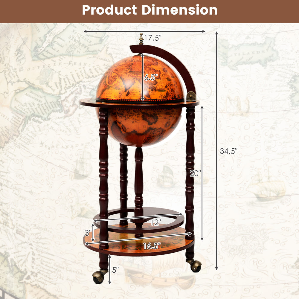 16th Century wood globe wine bar stand with dimensions, featuring solid wood construction and a removable lower shelf.