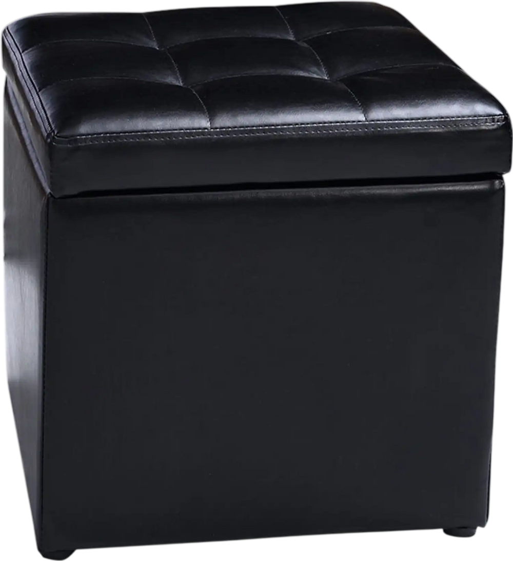 Black foldable cube ottoman pouffe with cushioned top, perfect for storage and organizing toys and accessories.