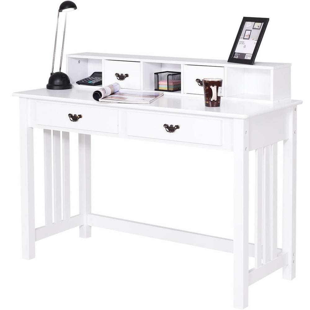 White home office writing desk with 4 drawers and a floating organizer, perfect for a tidy and efficient workspace.