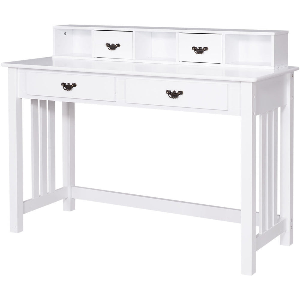 Home office writing desk with solid wood legs, featuring 4 drawers and a floating organizer for efficient workspace.