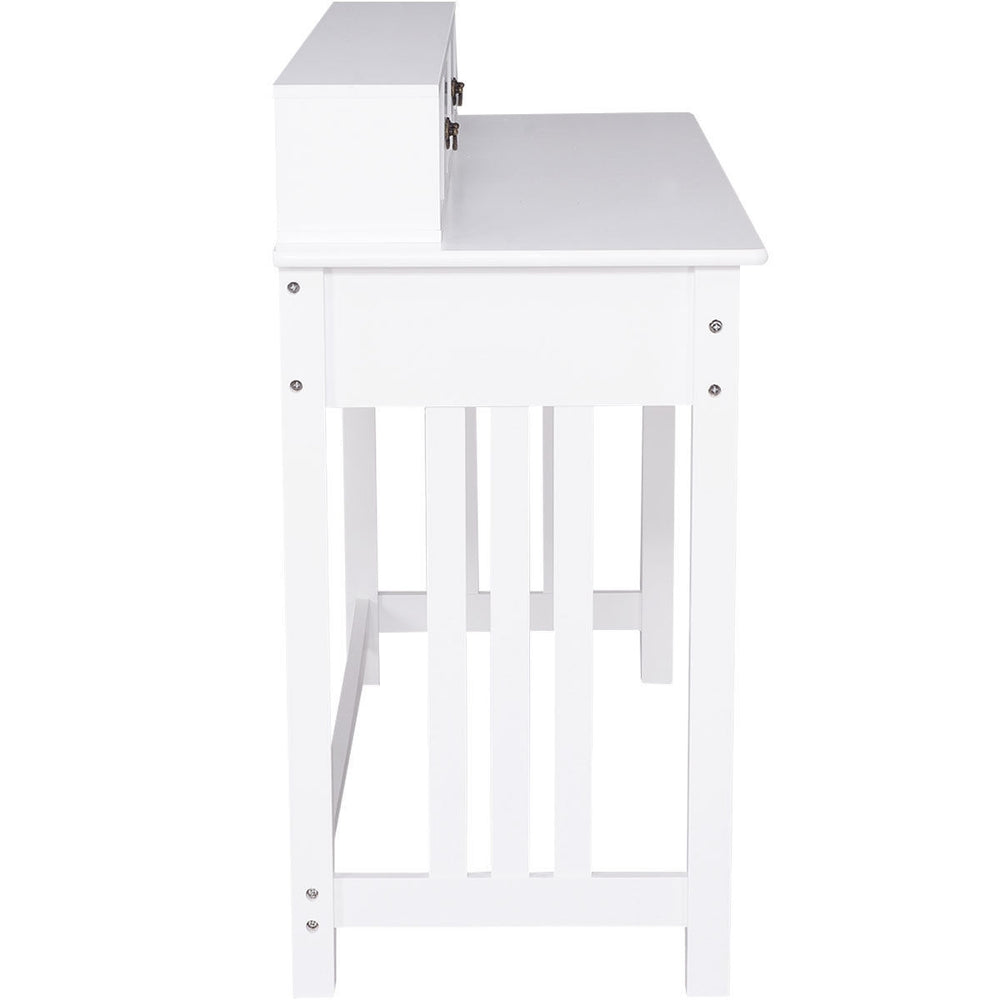 White home office writing desk featuring a solid wood leg and four front-access drawers for efficient organization.