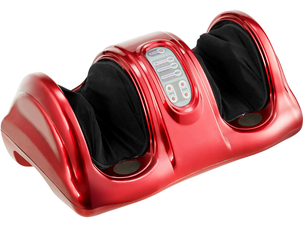 Therapeutic Shiatsu foot massager in red with high-intensity rollers, remote control, and removable washable sleeves.